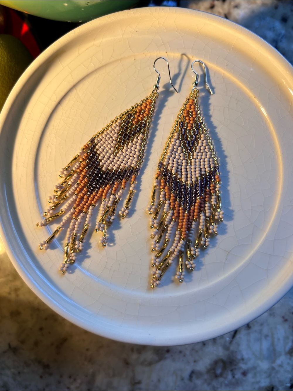Beaded Fringe Drop Earrings in Pink and Gold, Brand New!